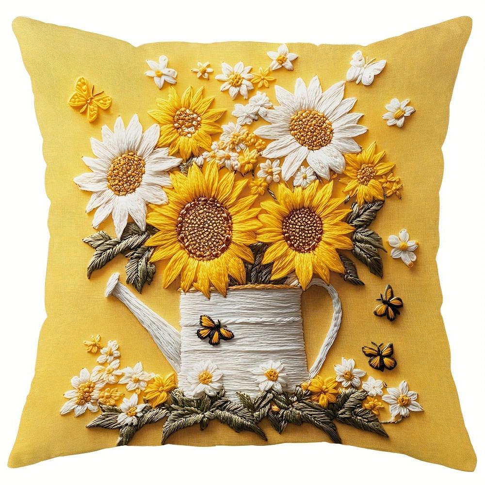 Floral Pillow Covers with Sunflowers, Daisies, Bees, and Butterflies Sofa Cushion Cover Home Room Decoration 2D Flat Printing
