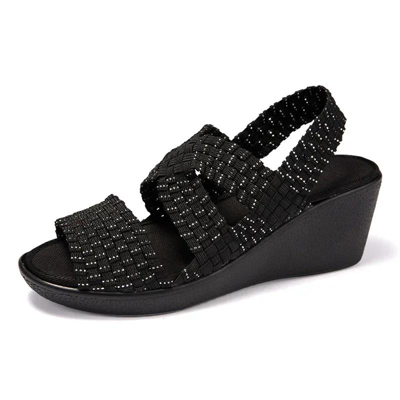 Keilabsatz-Plateau-Websandalen Mode Peep Toe Bequem Atmungsaktiv Mama-Schuhe Damen Casual Dicke Sohle Sandalias Mujer 2024