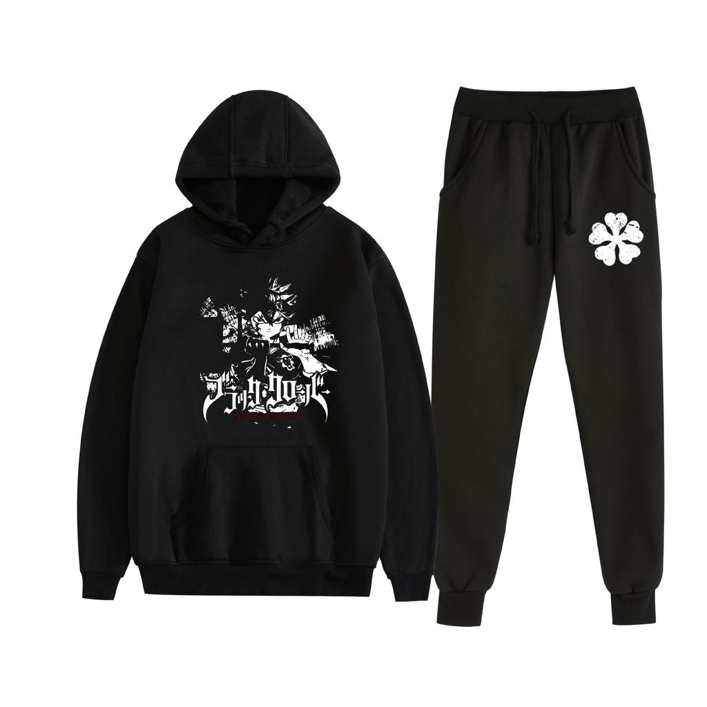 Europe, America, Autumn and Winter Black Four-leaf Clover Peripheral Two-dimensional Men's and Women's Leisure Sports Fleece Hooded Sweater Set 