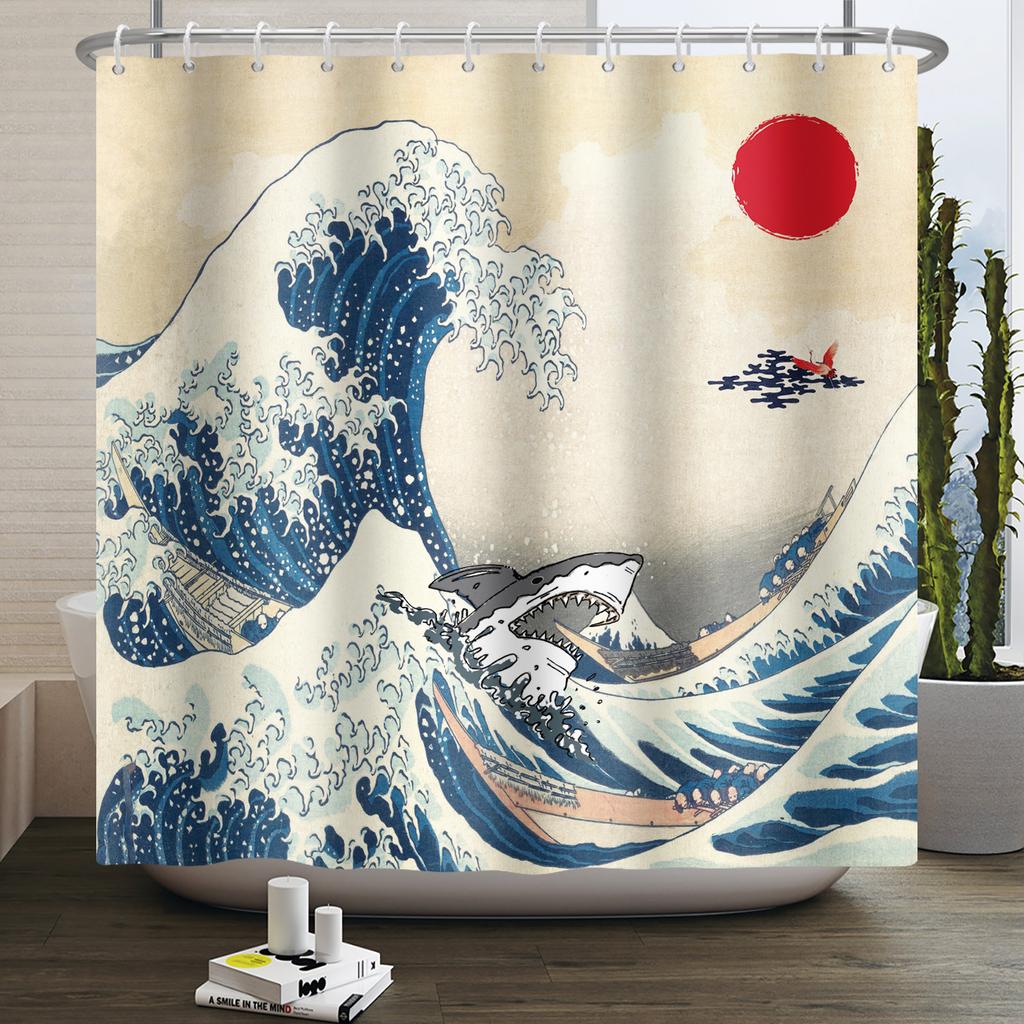 Japanese Ukiyo-e Shower Curtain The Great Wave of Kanagawa Mount Fuji Cherry Waterproof Shower Curtain for Bathroom Bathtub Deco
