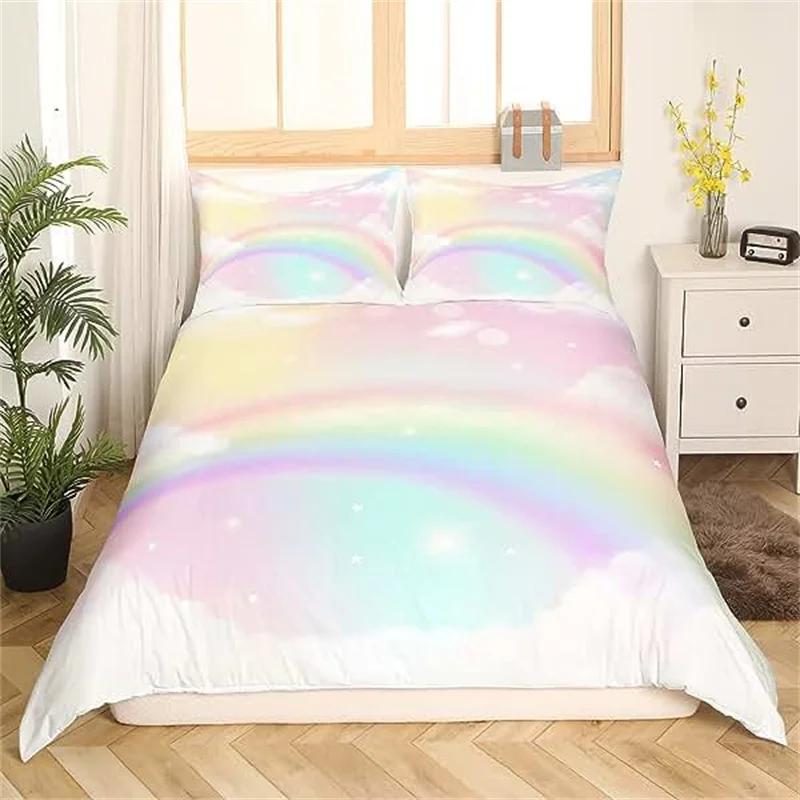 Rainbow Twin Duvet Cover Set For Girl Pink And Yellow Rainbow Star Duvet Cover Cartoon Rainbow For Bedroom Decoration Women Kid