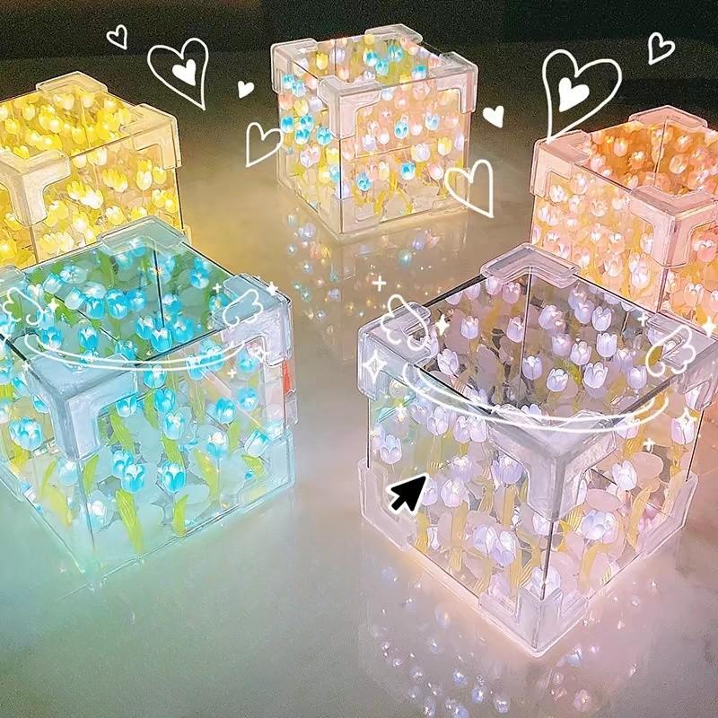 Lumină de noapte Marea Florilor de Lalele Lucrată Manual DIY Pachet Material Lampă Lalea Oglindă Tridimensională Decorațiune Creativă Ornament Ornament Cadou Cuplu Student