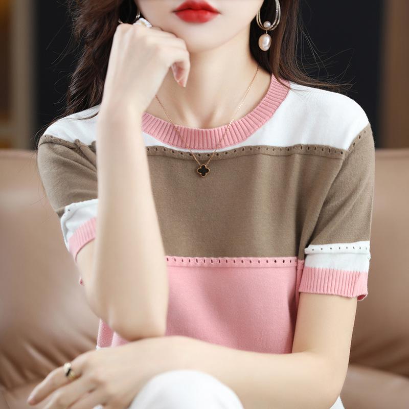 Summer Women's Knitted T-shirt Round Neck Hollow Out Pullover Knitted Half Sleeved T-shirt for Women