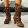 Fashion Women Boots Vintage Leopard Design Mid-calf Boots 8.5cm High Heeled Boot Retro Lace-up Gothic Boots Botines Para Mujeres