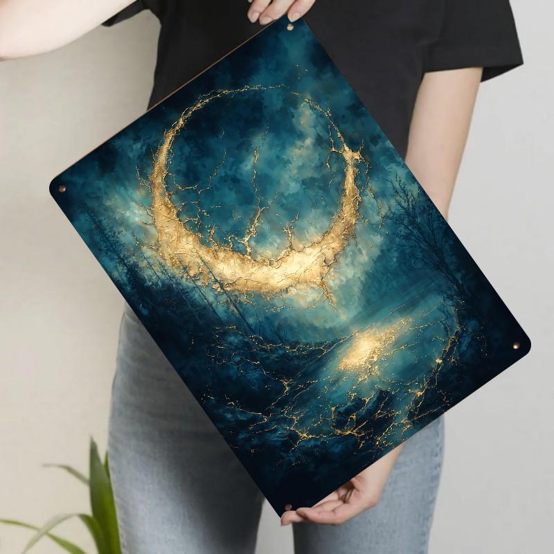 

Mystic Golden Crescent Moon Night Sky Forest Lake Reflection Metal Iron Wall Art Home Decor Painting 20x30cm（7.8x11.8inch）