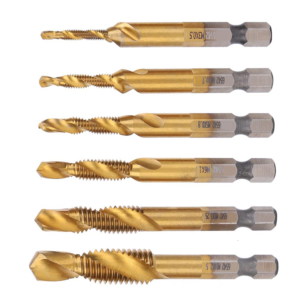 6Pcs HSS Tap Drill Bits Set High Speed Steel Titanium Coated Hex Shank Thread Hand Tool M3‑M10