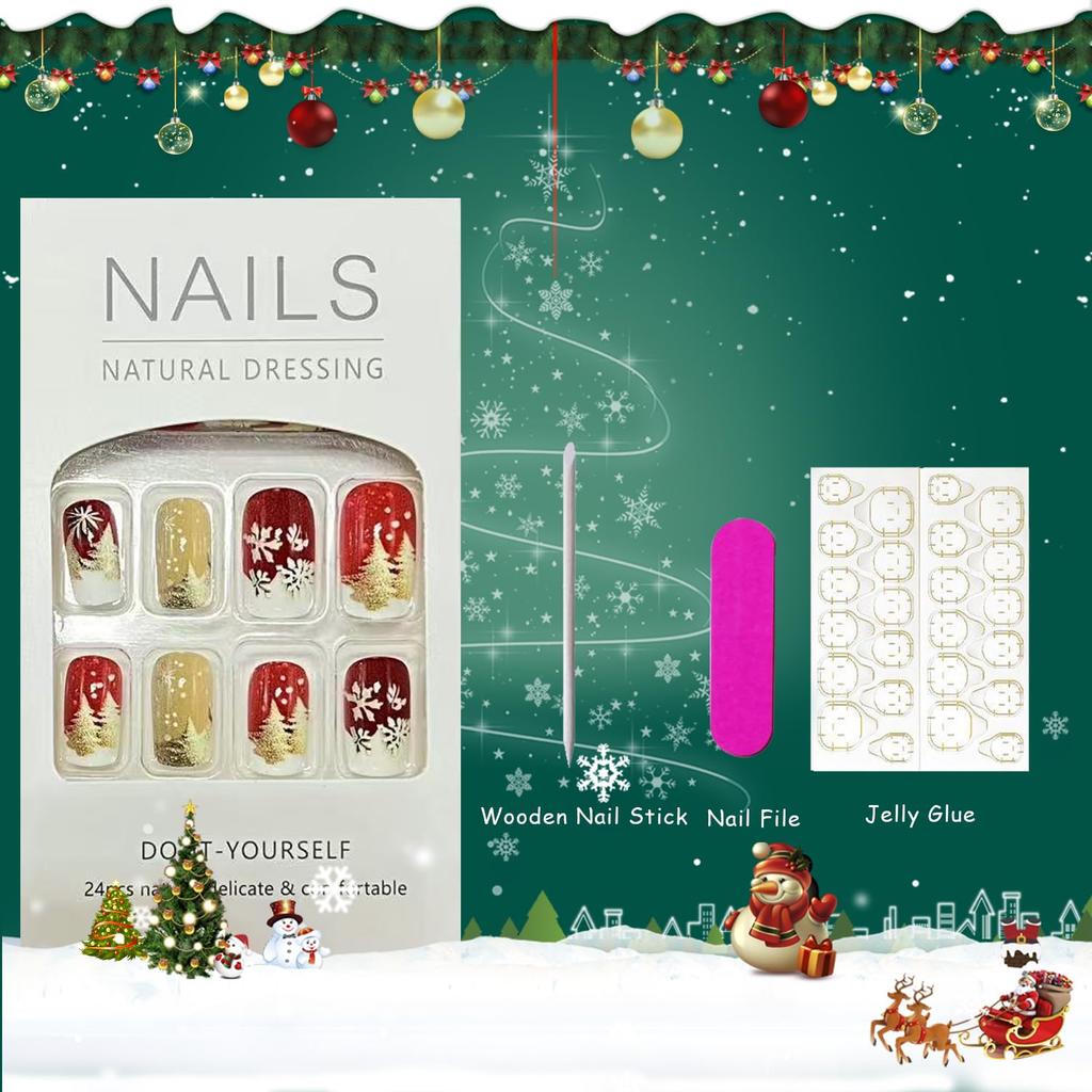 Christmas Press On Nails Medium Square Fake Nails with Gold Snowflake Christmas Tree Designs Xmas Red False Nail Acrylic Winter Snow Stick On Nail