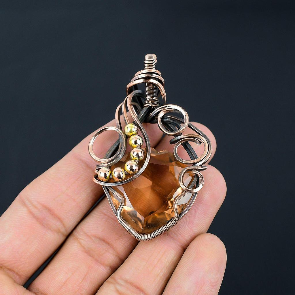 Morganite Gemstone Handmade Pure Copper Wire Wrapped Pendant Jewelry For Thanksgiving