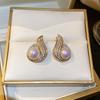Real gold electroplated silver needle diamond set pearl earrings French retro light luxury stud earrings fashion temperament simple earrings