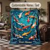 Koi Fish Pond Artwork Theme Throw Blanket Custom Name Text Personalized Blanket Soft Cozy Blanket for Home Sofa Bed