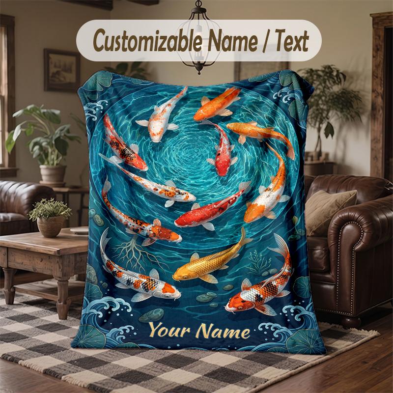 Koi Fish Pond Artwork Theme Throw Blanket Custom Name Text Personalized Blanket Soft Cozy Blanket for Home Sofa Bed