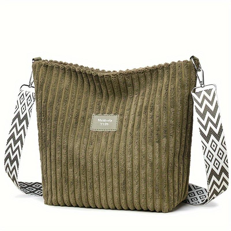 Women's Solid Color Casual Corduroy Crossbody Bag, Large Capacity Shoulder Backpack with Zipper Design, Fashionable Plush Underarm Bag
