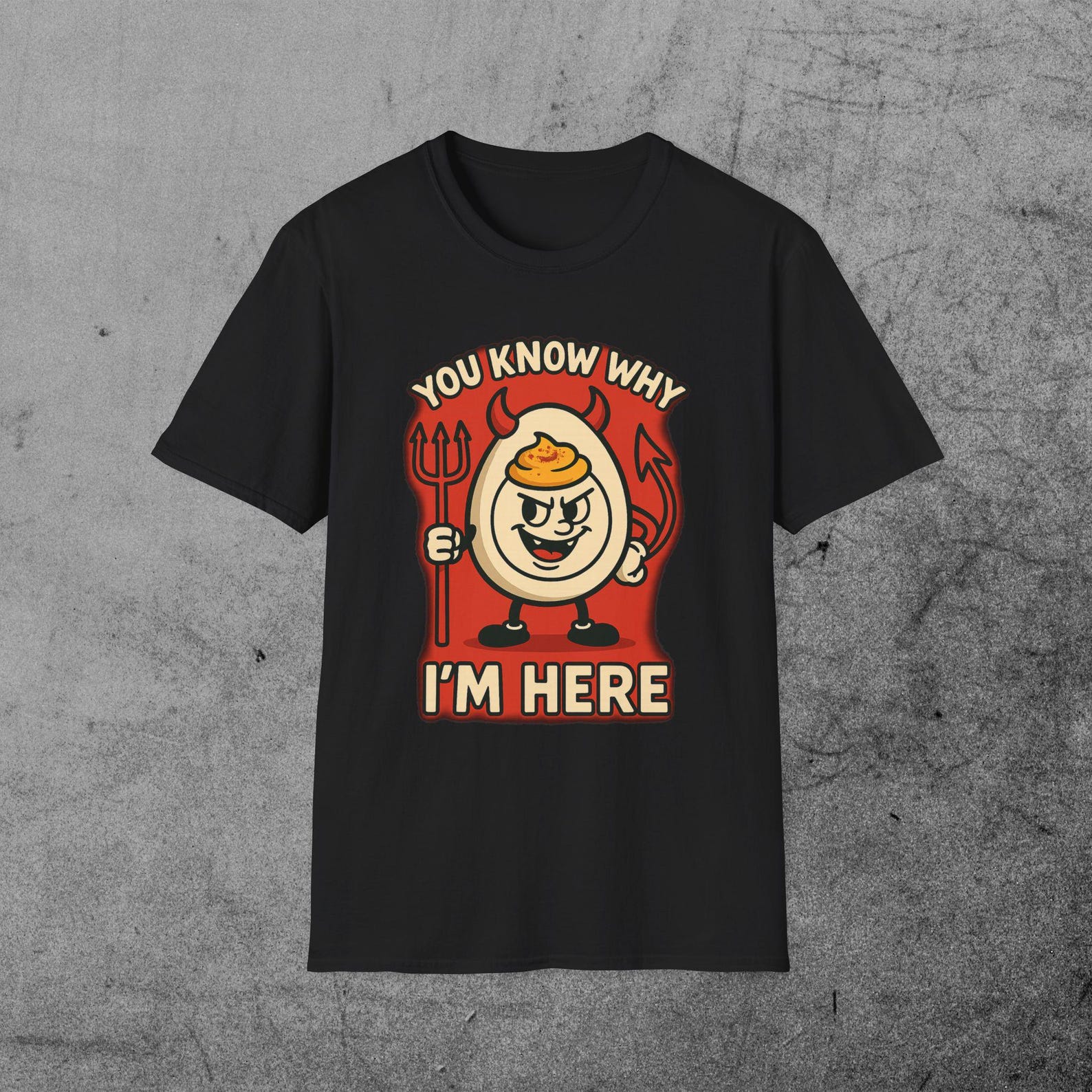 Deviled Egg Character I m Here T-Shirt | Funny Food Pun Tee S