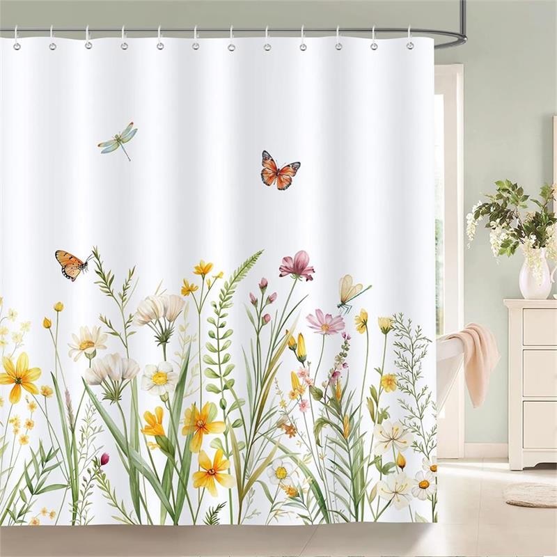 Blumen Duschvorhänge Aquarell Blumen Eukalyptusblätter Schmetterling Libelle Pflanze Polyester Stoff Badezimmer Vorhang Dekor