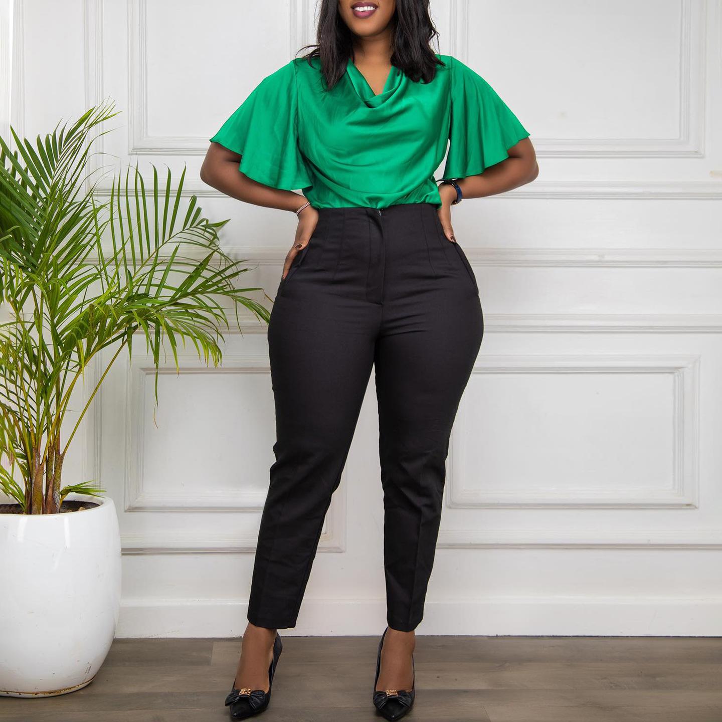 

Женские брюки с высокой талией, узкие укороченные брюки, повседневные однотонные брюки для карьеры, повседневные брюки больших размеров XL чёрный