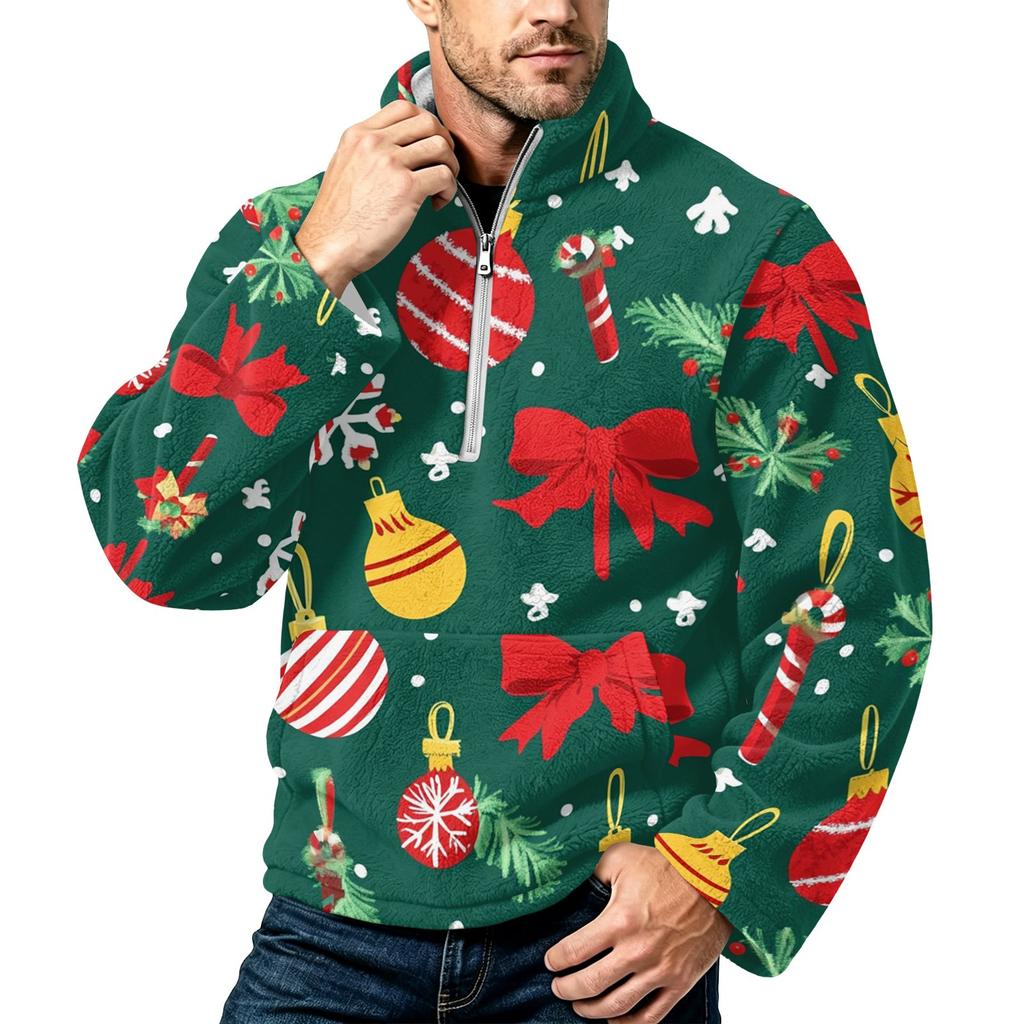 Men's Christmas Print Flannel Zip-Up Sweatshirt with Stand Collar, Plus Size Casual Top for Fall Winter