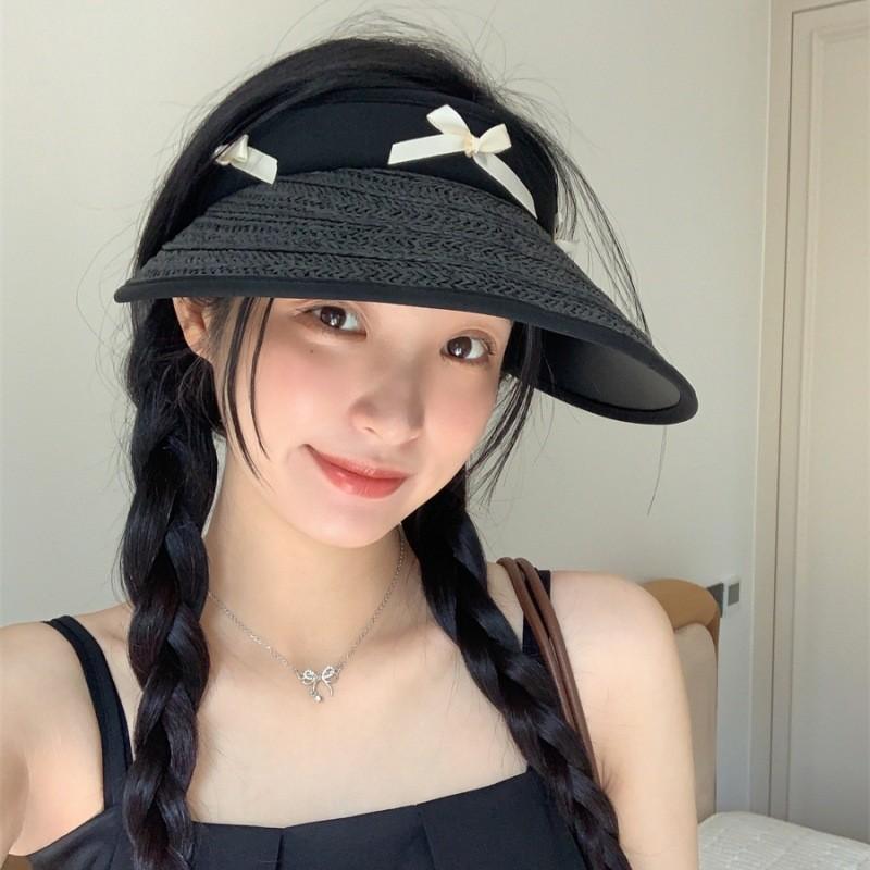 Summer Black Straw Wide Brim Hat For Women With Bow Adjustable For Outdoor Use