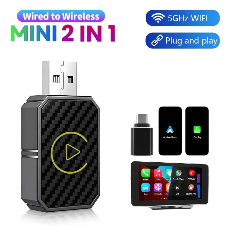 2 in 1 Wireless CarPlay Adapter & Android Auto Smart AI Box Type-C/USB Plug & Play Carplay Wireless Adapter Auto Connect