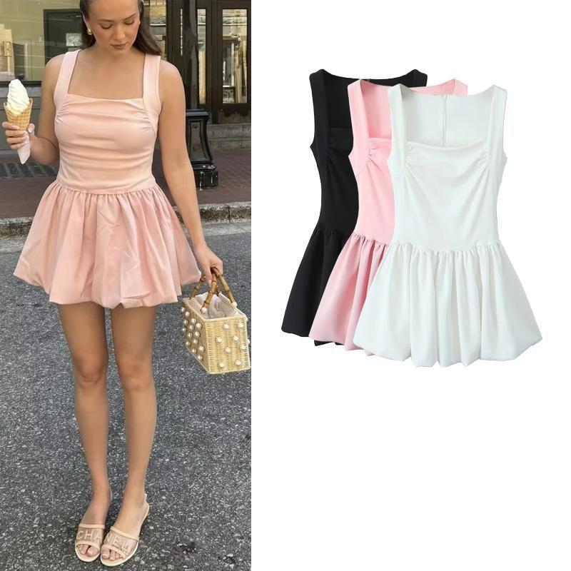 Fall and Winter New Women's Clothing French Style Design Sleeveless Square Collar A- Line Short Puffy Hem Sling Dress
