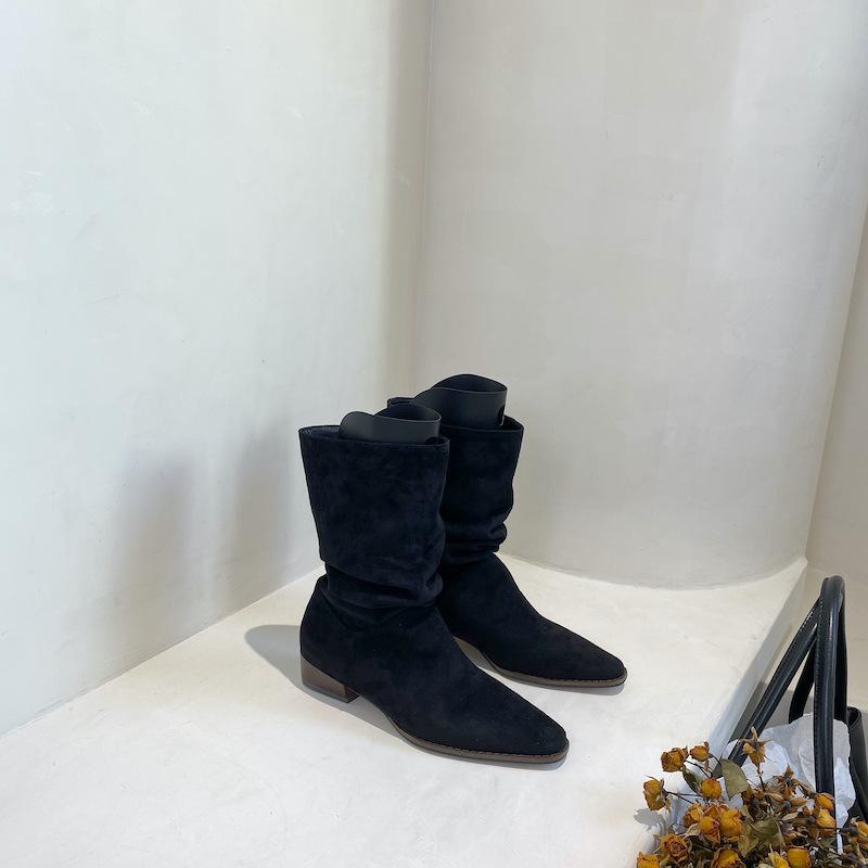 Mid-tube Western Cowboy Stacking Boots Women's Summer Thin Spring and Autumn Single Boots Suede Pointed Short Tube Skinny Leg Knight Short Boots