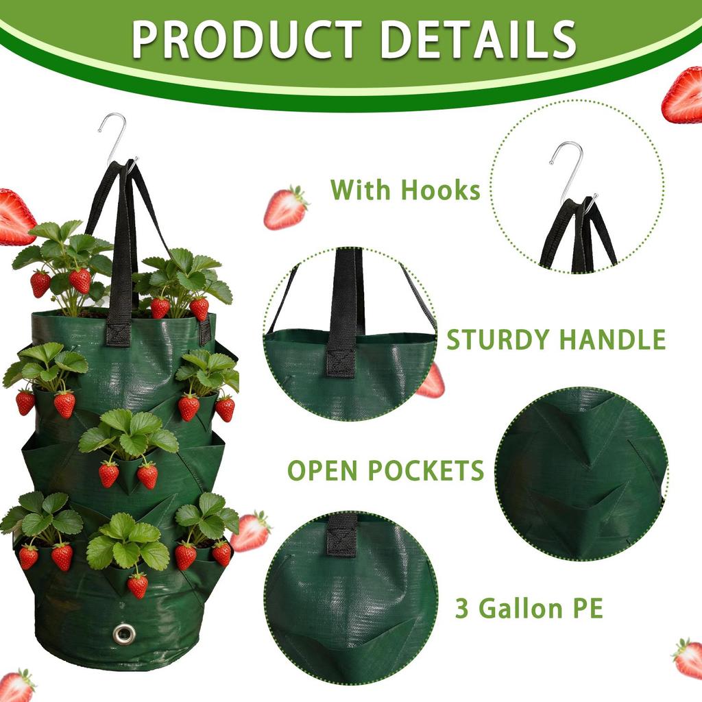 Bolsas de Cultivo para Plantas Colgantes con Asas y Ganchos Colgantes Gotero Automático para Agua Bolsas Colgantes para Fresas con 10 Bolsillos Transpirables