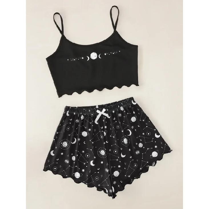 Summer Sleepwear for Women Pajamas Set Star Moon Printed Sleeveless Sling Crop Tops and Shorts Set Homewear Loungewear Pijama