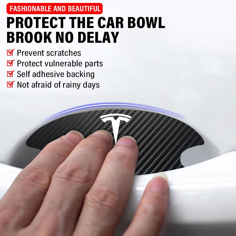 4Pcs/Set Carbon Fiber Scratches Resistant Car Door Handle 3D Sticker For Tesla Model 3 Model S Model X Model Y Roadster Performance Decor