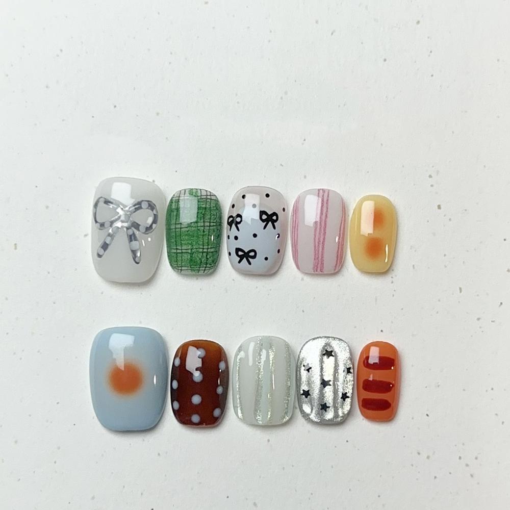 Handmade Cat Eye Short Square Oval Press On Nails With Bowknot Pearl Diamond Flower Star Decor Detachable Full Cover