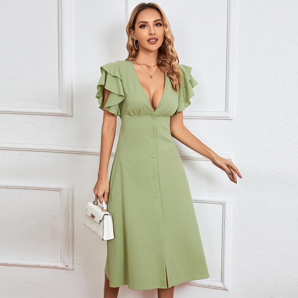 Spring and summer European and American women s clothing v-neck sexy backless A-shaped dress medium and long dress S зелёный