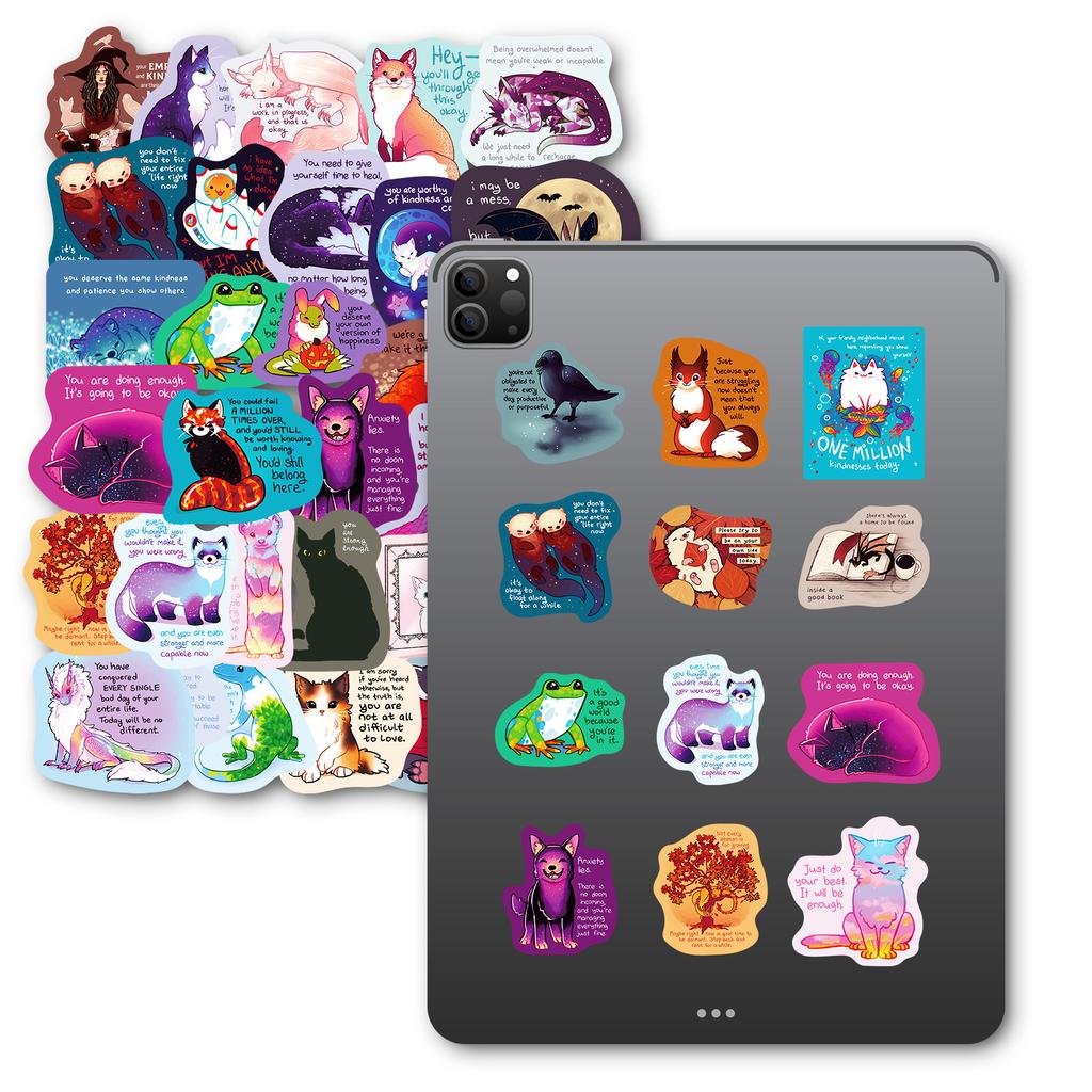50 Cartoon Healing Text Stickers Cute Animals Colorful Daily Stickers Handbook Diary Decorative Stickers