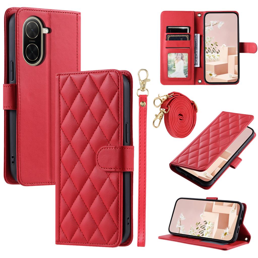 For Xiaomi Redmi A5 4G (171.7mm)/Poco C71 4G Case Wallet Rhombus Grid PU Leather Phone Cover with Shoulder Strap/Wrist Strap