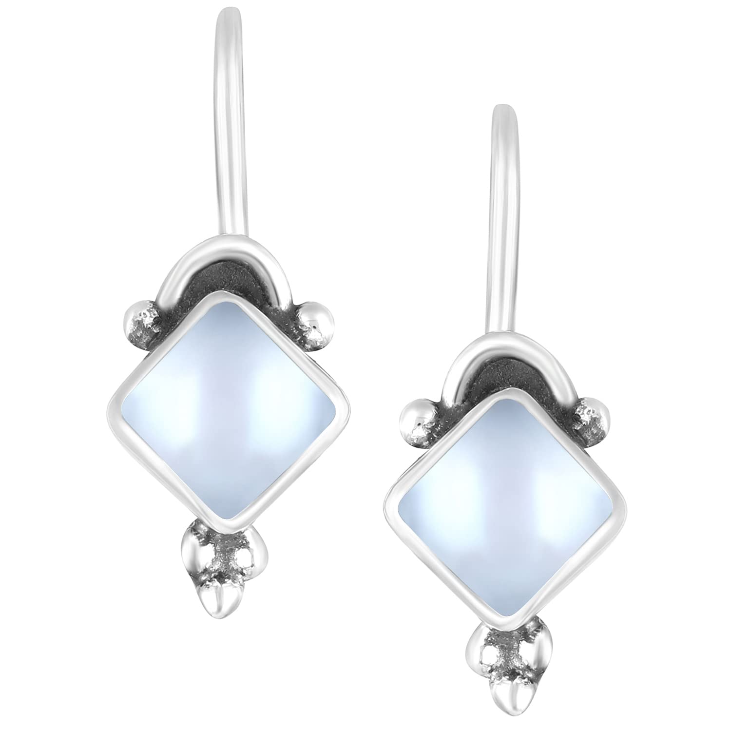 

Sterling Silver Diamond Cut CZ Oxidised Finish Anti Tarnish Square Shape Fish Hook Drop Earrings for Women Girls