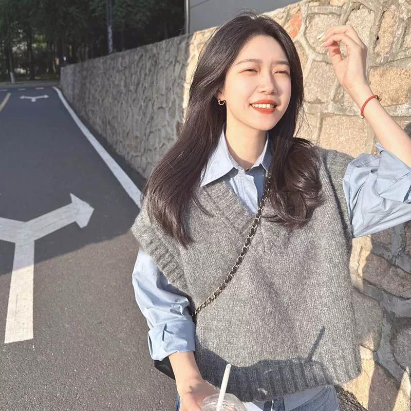 Grey Sleeveless Vest Knitted Vest Women's Autumn and Winter Korean Sweet Style Outerwear Sweater V-neck Casual Knitted Vest