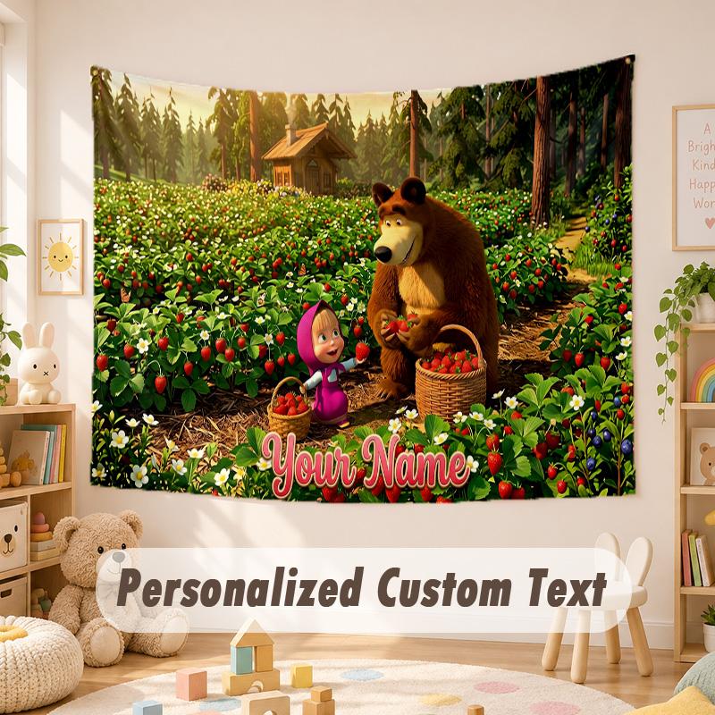 Custom Name Text Tapestry,Masha and the Bear Boho Wall Hanging, Decorative Backdrop Tapestry For Room