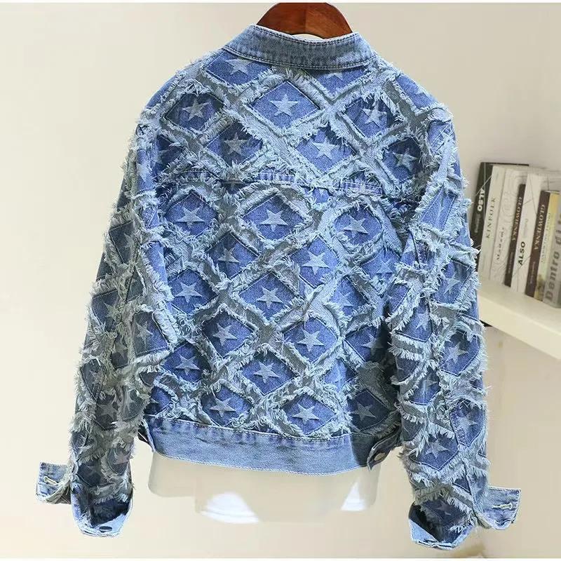 Damen Frühling und Herbst Designgefühl Französische Fünf-Punkt Jeansjacke