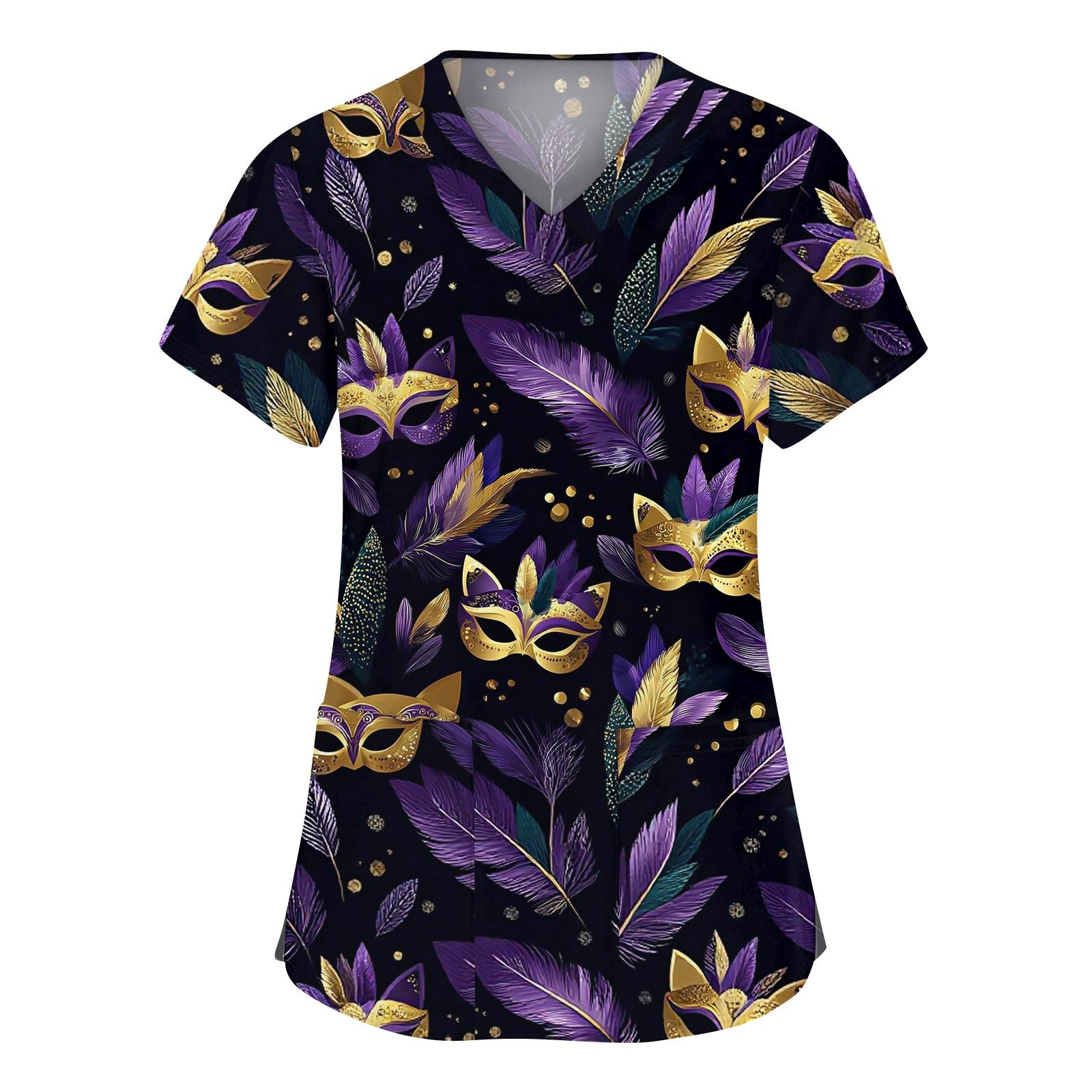 

Women s Fashion V-neck Short Sleeve Workwear With Pockets Printed Tops L