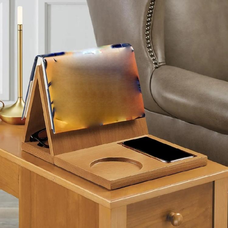 Geometric Wooden Book Stand with Beverage Holder Phone Slot Triangular Wood Desk Organiser for Kitchen Office Classroom