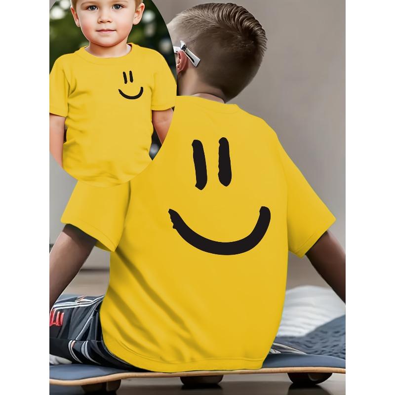 Tallas europeas Moda de verano para niños Camiseta de manga corta "Happy Mood" Estampado a doble cara Informal para exteriores