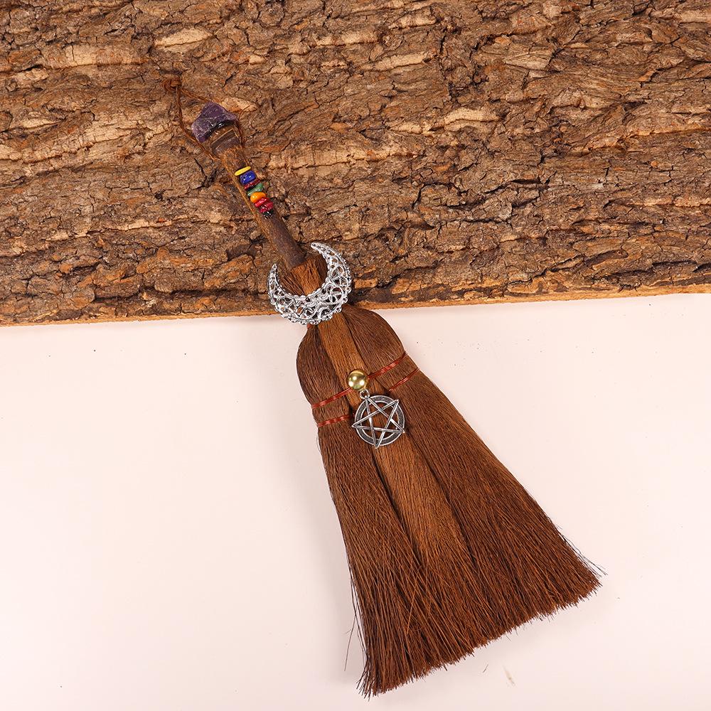 29x10cm Brown Witch Broomstick with Natural Crystal, Moon, and Crow Accessories - DIY Handmade