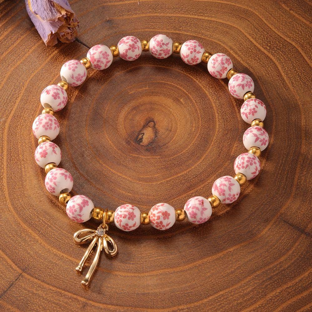 Metal Beaded Elastic Beads Bracelets Bow Ceramics Bracelet Trendy Women Bangle Girls