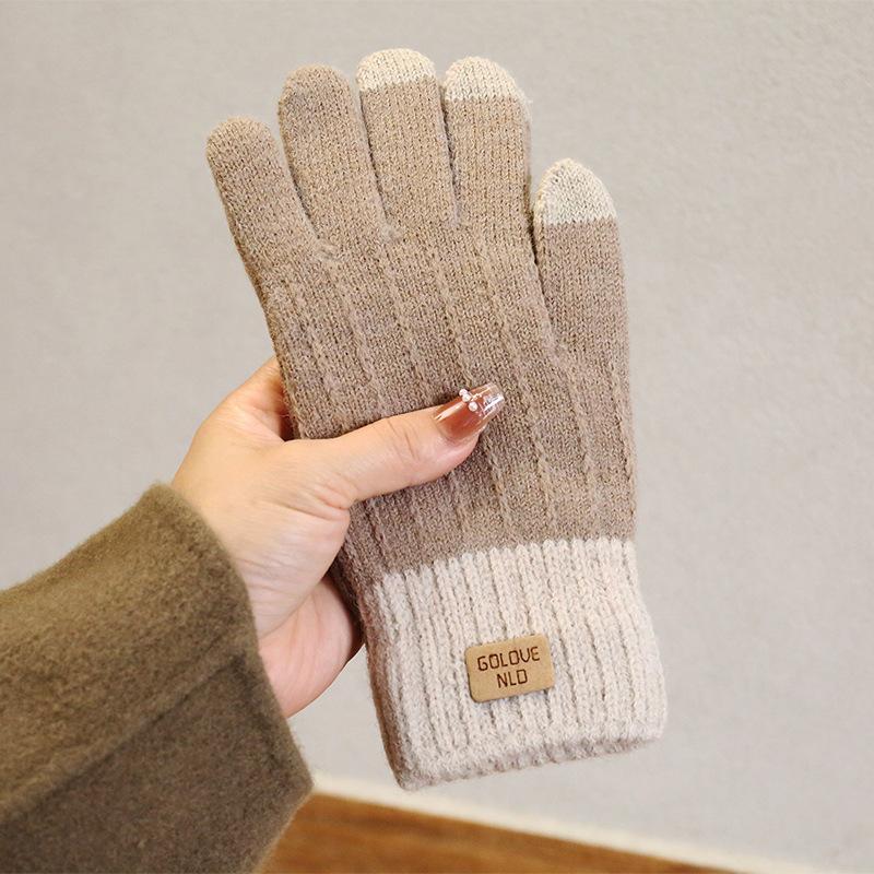 Camel Wool Knitted Gloves Women's Autumn and Winter Warm Outdoor Antifreeze Full Finger Gloves Piled and Thickened