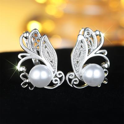 White Round Simulated Pearl Cute Flower Hoop Earrings For Women Vintage Silver Color Ear Buckle Wedding Jewelry Engagement Gift