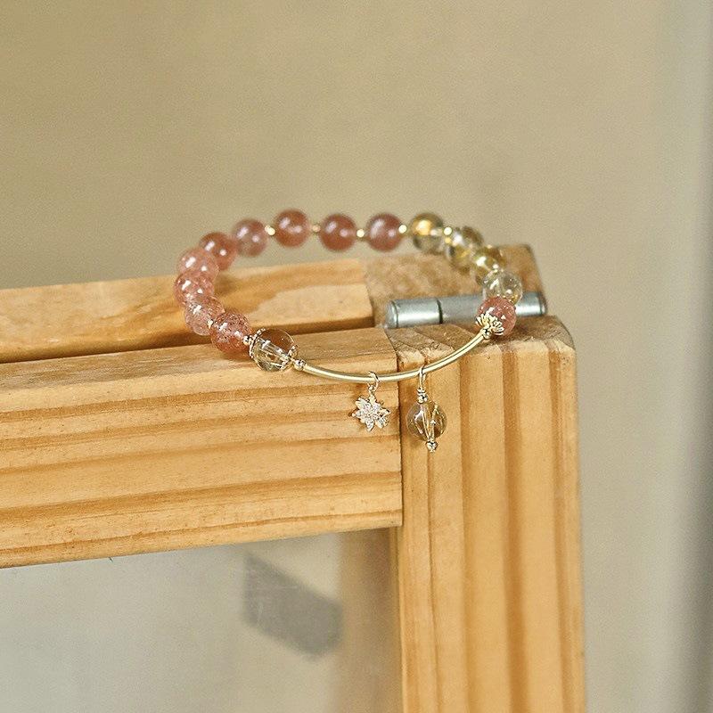 Natural Blond Crystal Bracelet, Strawberry Crystal Bracelet, Peach Blossom Design Fashion Jewelry.