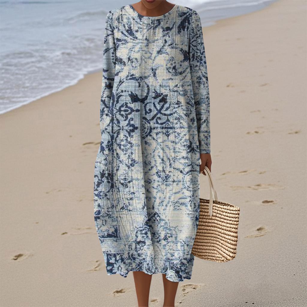 Women's Fashionable Casual Long-Sleeved Round Neck Floral Print Zipper Dress