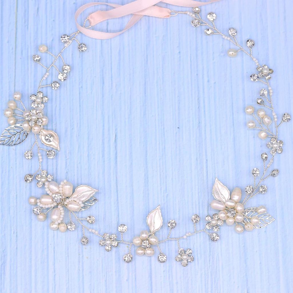 Oriamour Bridal Crystal Headband with Freshwater Pearls Flower Design Wedding Hair Accessories (All Silver)