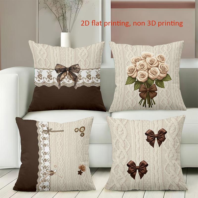 Beige Pillows With Bow And Rose 2D Printed Decor Polyester Pillowcase, Sofa Decorative Cushion Cov Headboard Pillow