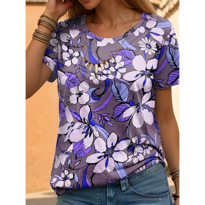 Women's Summer Simple Round Neck Women's Short Sleeved Shirt Casual Loose 3D Flower Print Shirt
