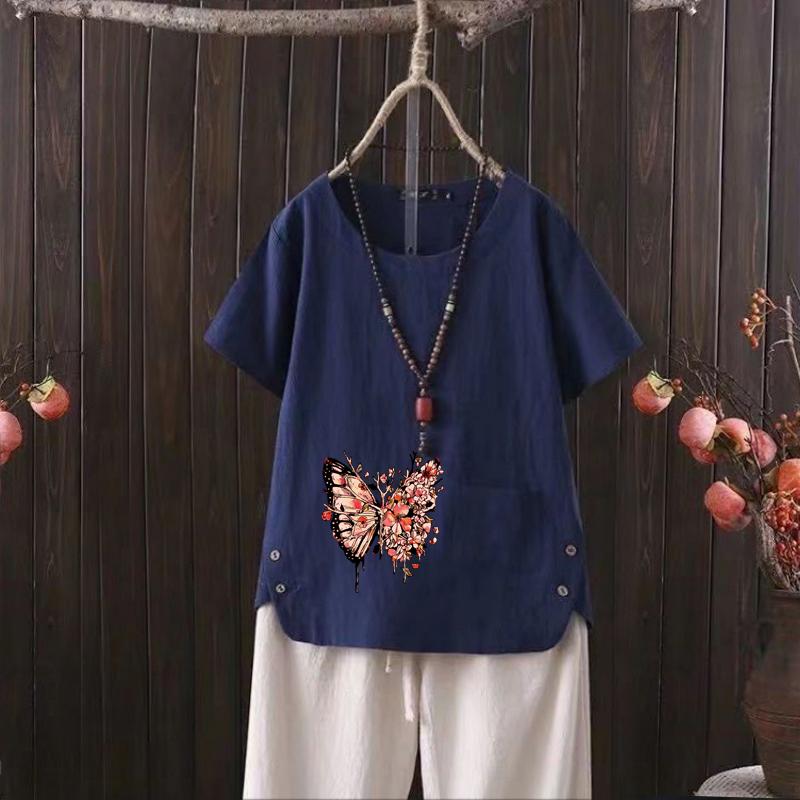 

Женская мода с принтом бабочек, летняя повседневная свободная футболка с коротким рукавом, летняя блузка, топы 4XL темно-синий