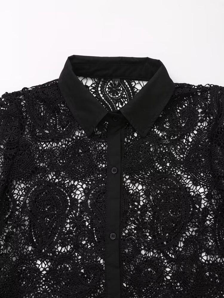 European & American Retro Crochet Knit Hollow Long Sleeve Women's Shirt