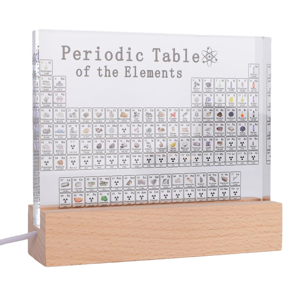 Periodic Table of Elements Clear Acrylic Plate with Wooden Base Colorful Light Chemistry Elements Decor for Students